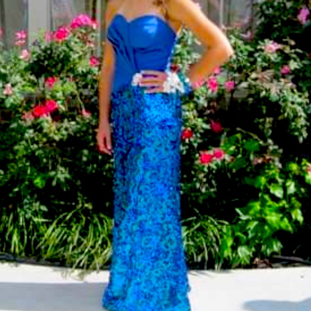 Blue and green sequence prom dress.